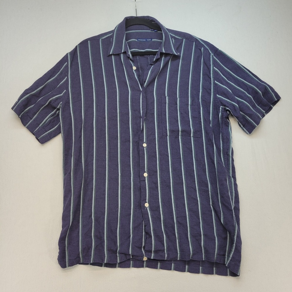 McKenzie Tribe Button Down Shirt Mens Large Blue Striped 100% Linen Made Italy